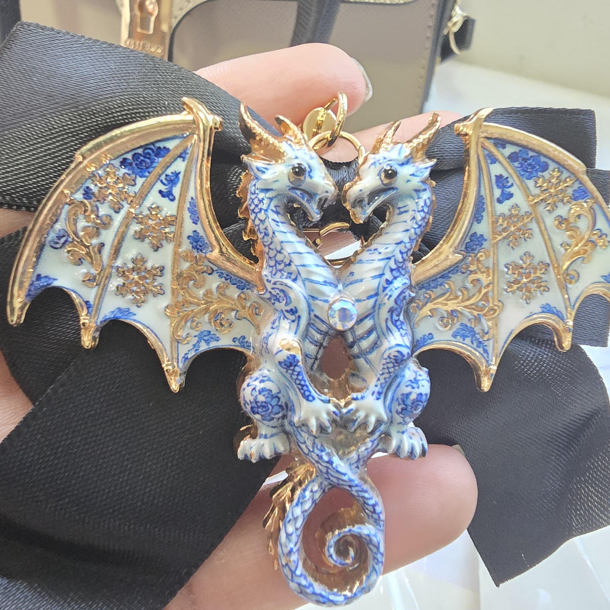 Luxurious gold bag charm | brooch bag keychain | blue dragon | dog | humming bird charms