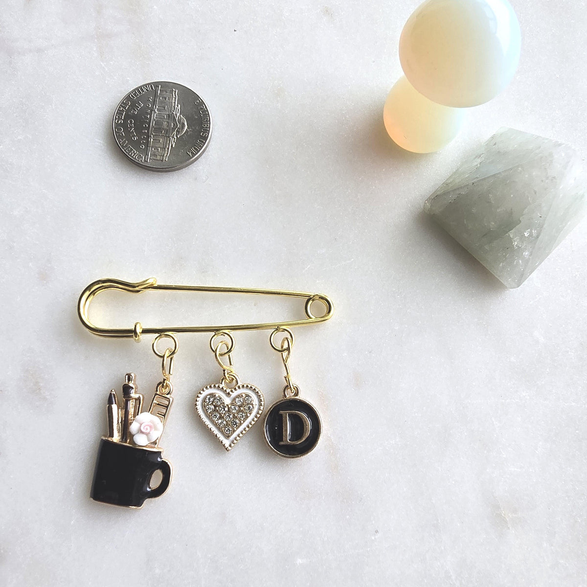 Teacher Charm Brooch Pin, Pencil Cup, Heart, Initial, Gold-Tone Clasp Bag Charm