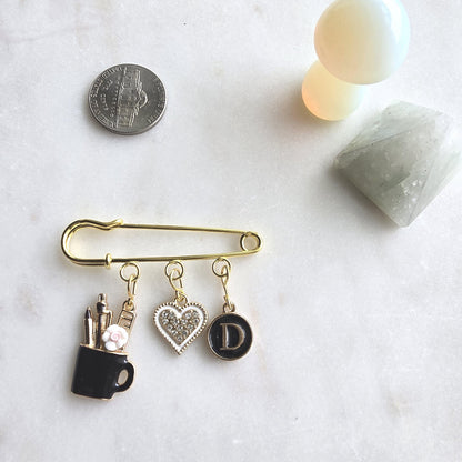 Teacher Charm Brooch Pin, Pencil Cup, Heart, Initial, Gold-Tone Clasp Bag Charm