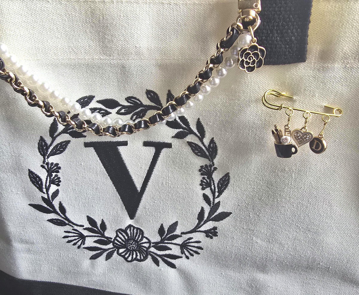 Teacher Charm Brooch Pin, Pencil Cup, Heart, Initial, Gold-Tone Clasp Bag Charm