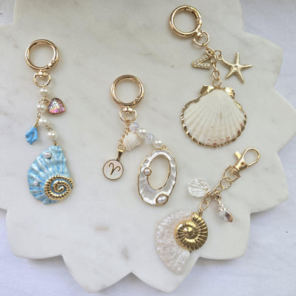 Bag charm with Ocean vibes | one of a kind elegant gold seashell with zodiac sign charm