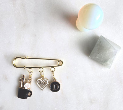 Teacher Charm Brooch Pin, Pencil Cup, Heart, Initial, Gold-Tone Clasp Bag Charm