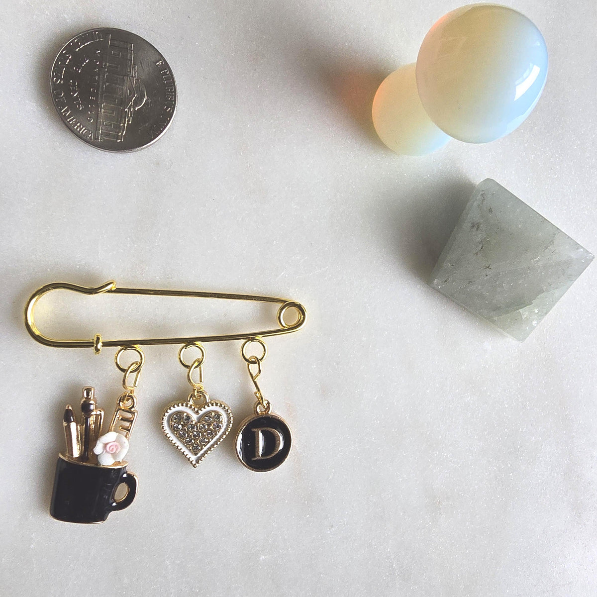 Teacher Charm Brooch Pin, Pencil Cup, Heart, Initial, Gold-Tone Clasp Bag Charm