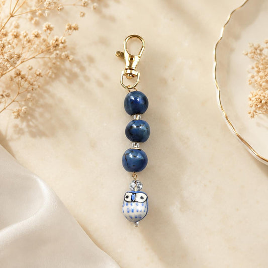 Bag charm keychain | ceramic owl and ceramic beads