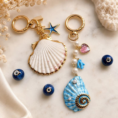 Blue ocean sea shell keychain with charms for your favorite purse