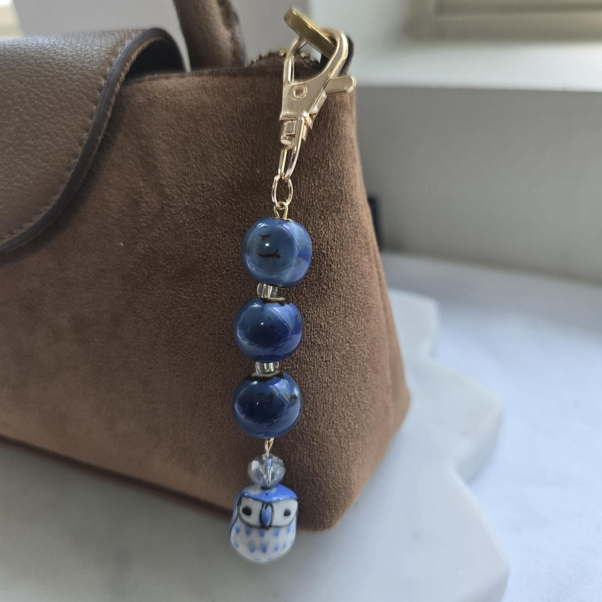 Bag charm keychain | ceramic owl and ceramic beads
