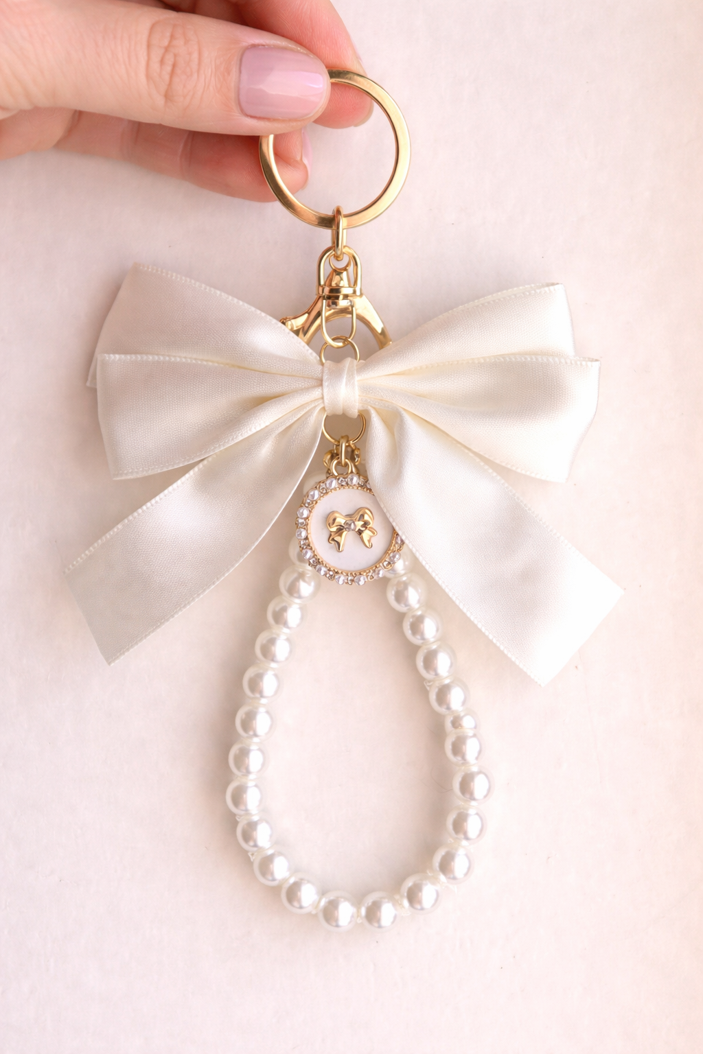 Cream Silky Ribbon Bow Bag Charm Pearl Wristlet product photo from Rey & Luck Co