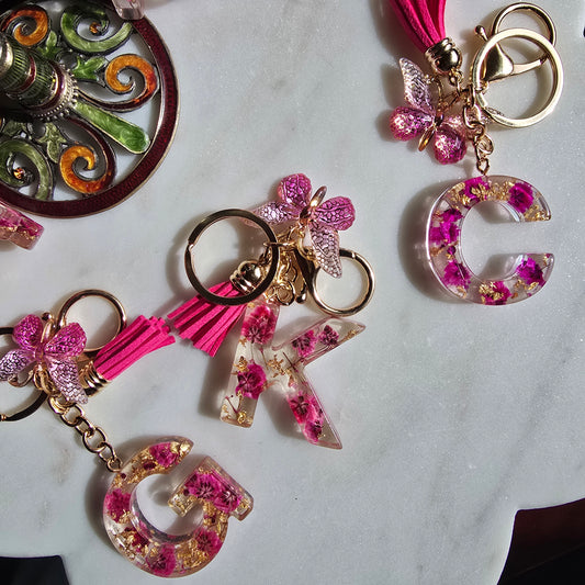 Personalized Pink Floral Resin Initial Keychain Butterfly product photo from Rey & Luck Co