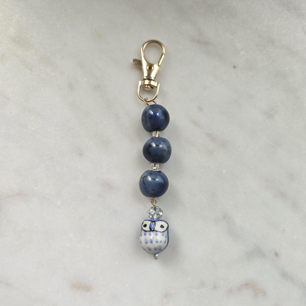 Bag charm keychain | ceramic owl and ceramic beads