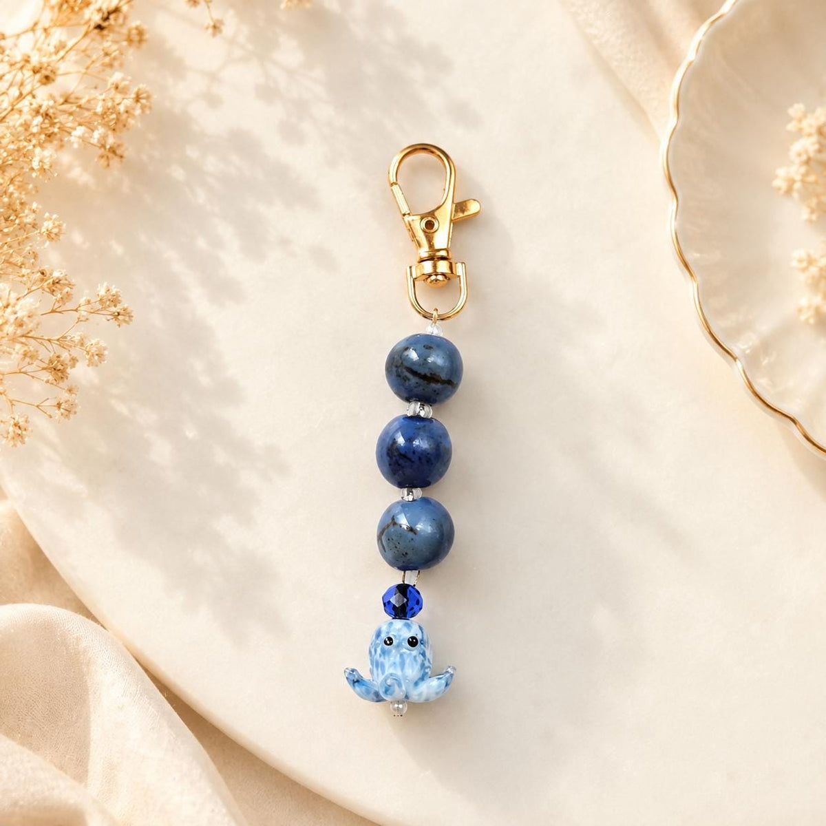 Bag charm keychain | Glass octopus and ceramic beads
