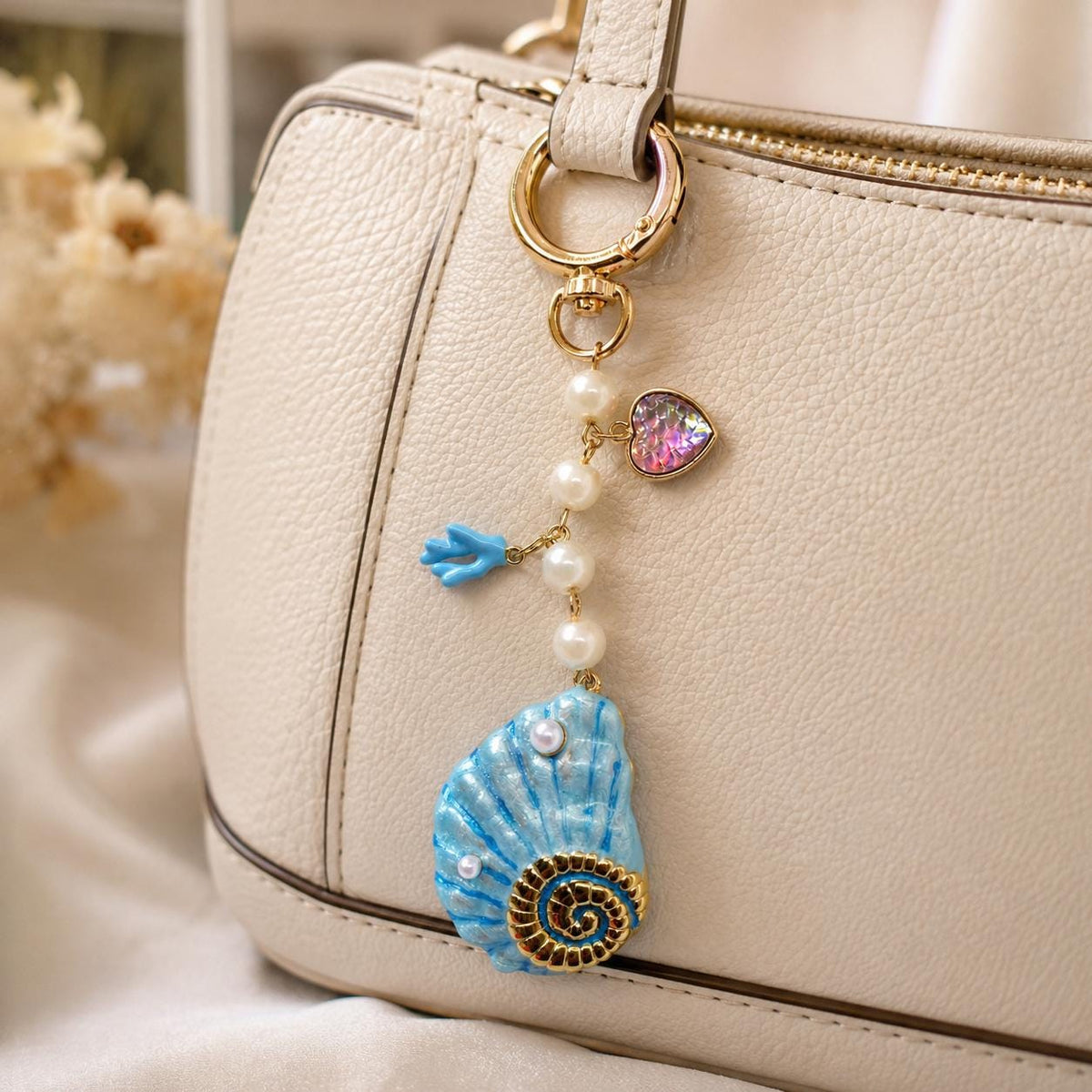 Blue ocean sea shell keychain with charms for your favorite purse