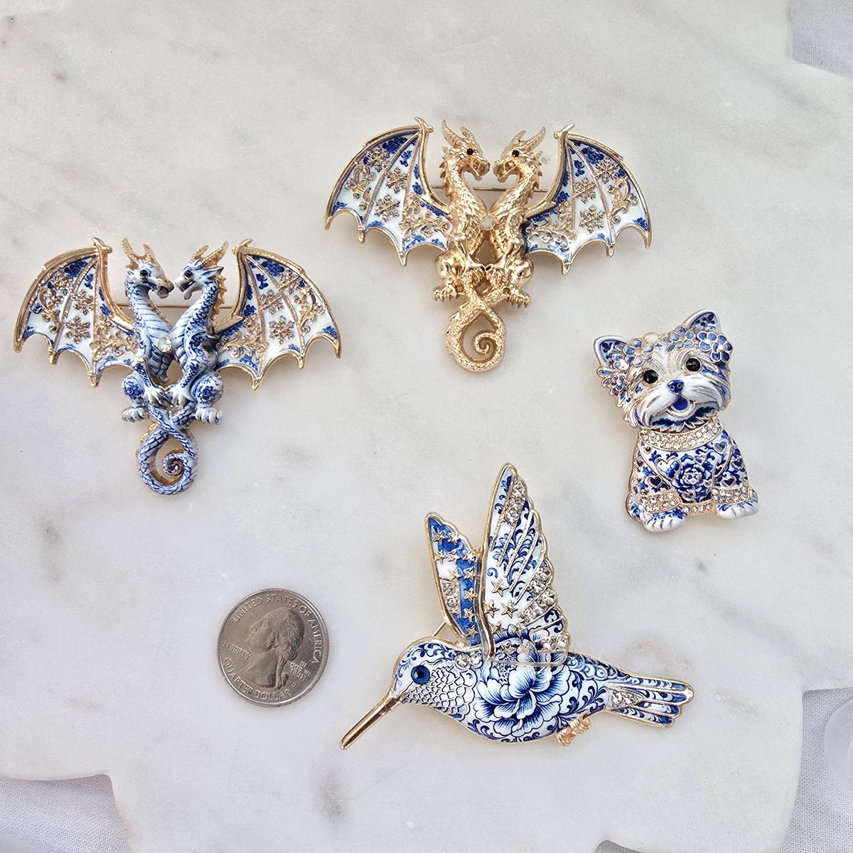 Luxurious gold bag charm | brooch bag keychain | blue dragon | dog | humming bird charms