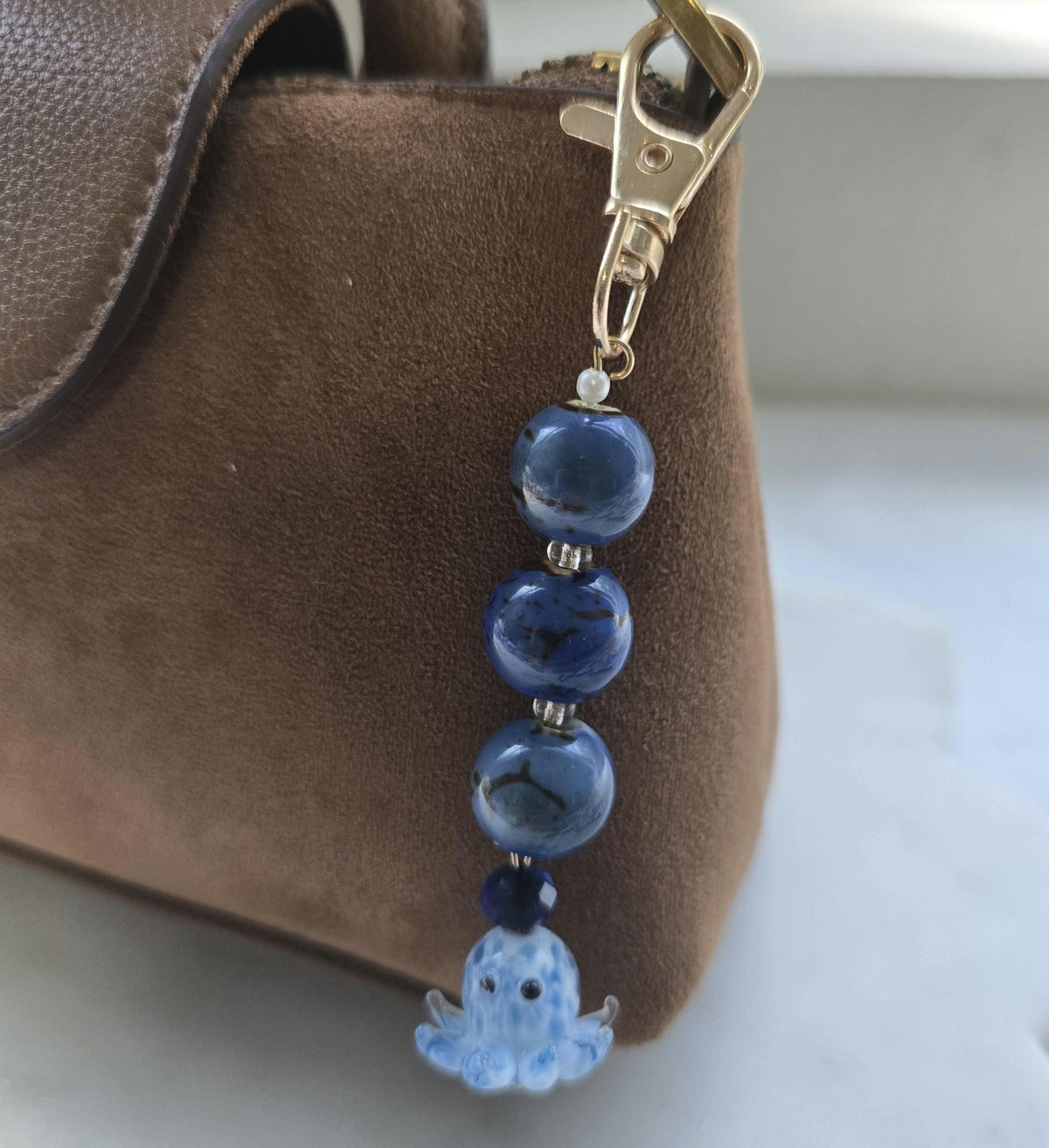 Bag charm keychain | Glass octopus and ceramic beads