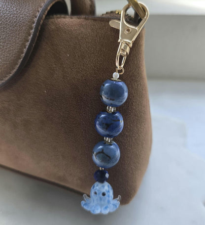 Bag charm keychain | Glass octopus and ceramic beads