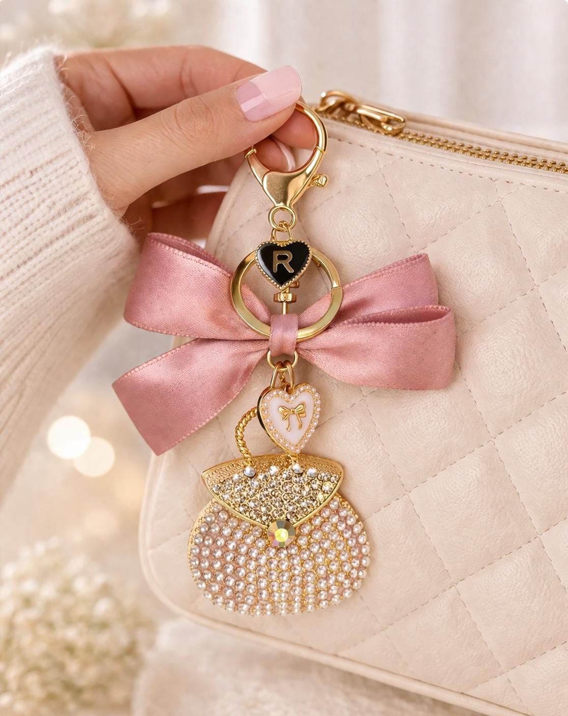 Pink Bow Keychain with Purse Charm product photo from Rey & Luck Co