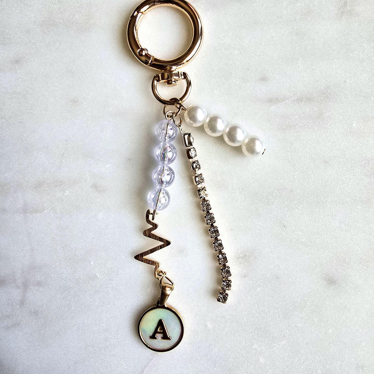 Gold Initial Bag Charm Beaded Purse Accessory, Natural product photo from Rey & Luck Co