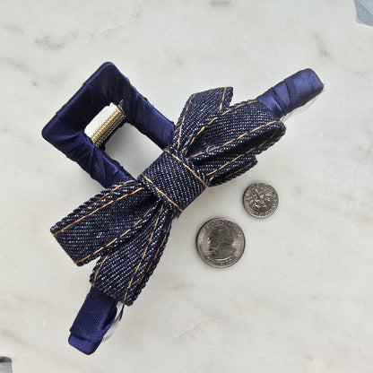 Large Denim Claw Clip, Tortoise Hair Clip, Gold Metal French Hair Claw, Elegant product photo 2 from Rey & Luck Co