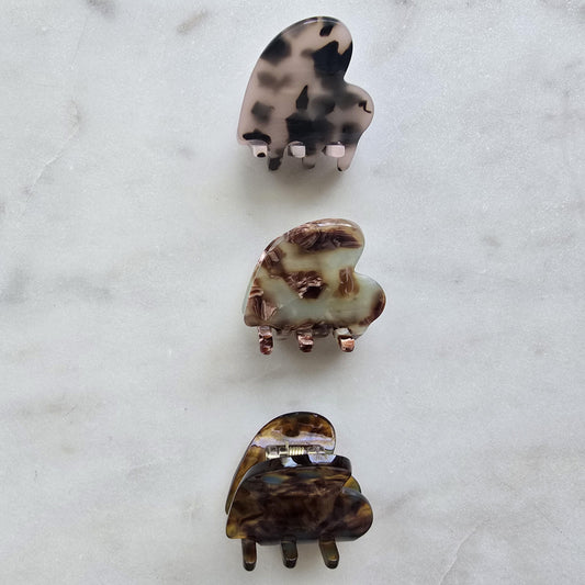 Acetate Tiny heart Claw Clip, Tortoise Hair Clip, Gold Metal French Hair Claw, product photo from Rey & Luck Co