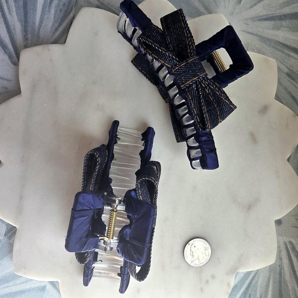 Large Denim Claw Clip, Tortoise Hair Clip, Gold Metal French Hair Claw, Elegant product photo 5 from Rey & Luck Co