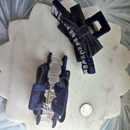 Large Denim Claw Clip, Tortoise Hair Clip, Gold Metal French Hair Claw, Elegant product photo 5 from Rey & Luck Co
