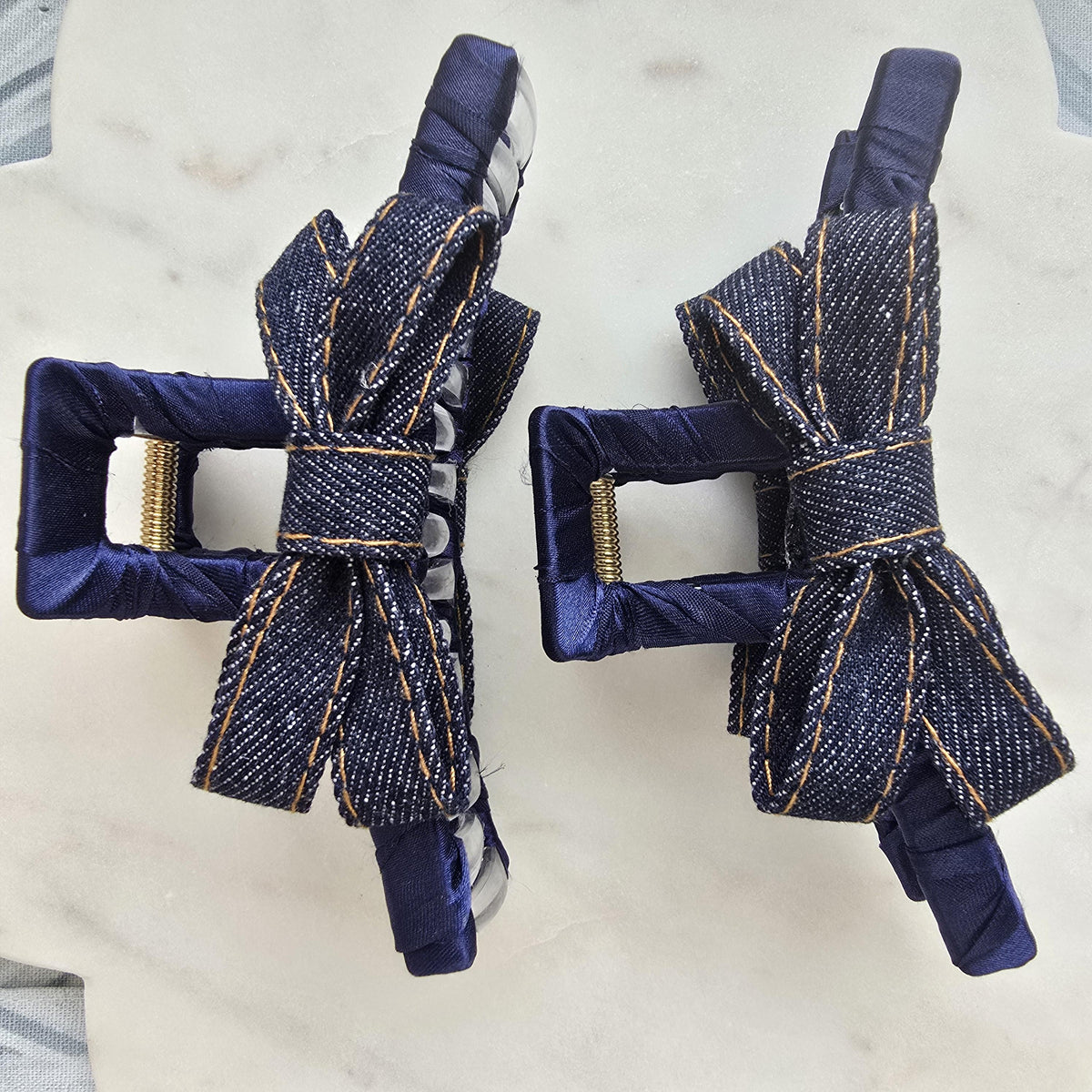 Large Denim Claw Clip, Tortoise Hair Clip, Gold Metal French Hair Claw, Elegant product photo 4 from Rey & Luck Co