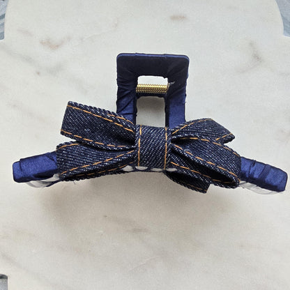 Large Denim Claw Clip, Tortoise Hair Clip, Gold Metal French Hair Claw, Elegant product photo 3 from Rey & Luck Co