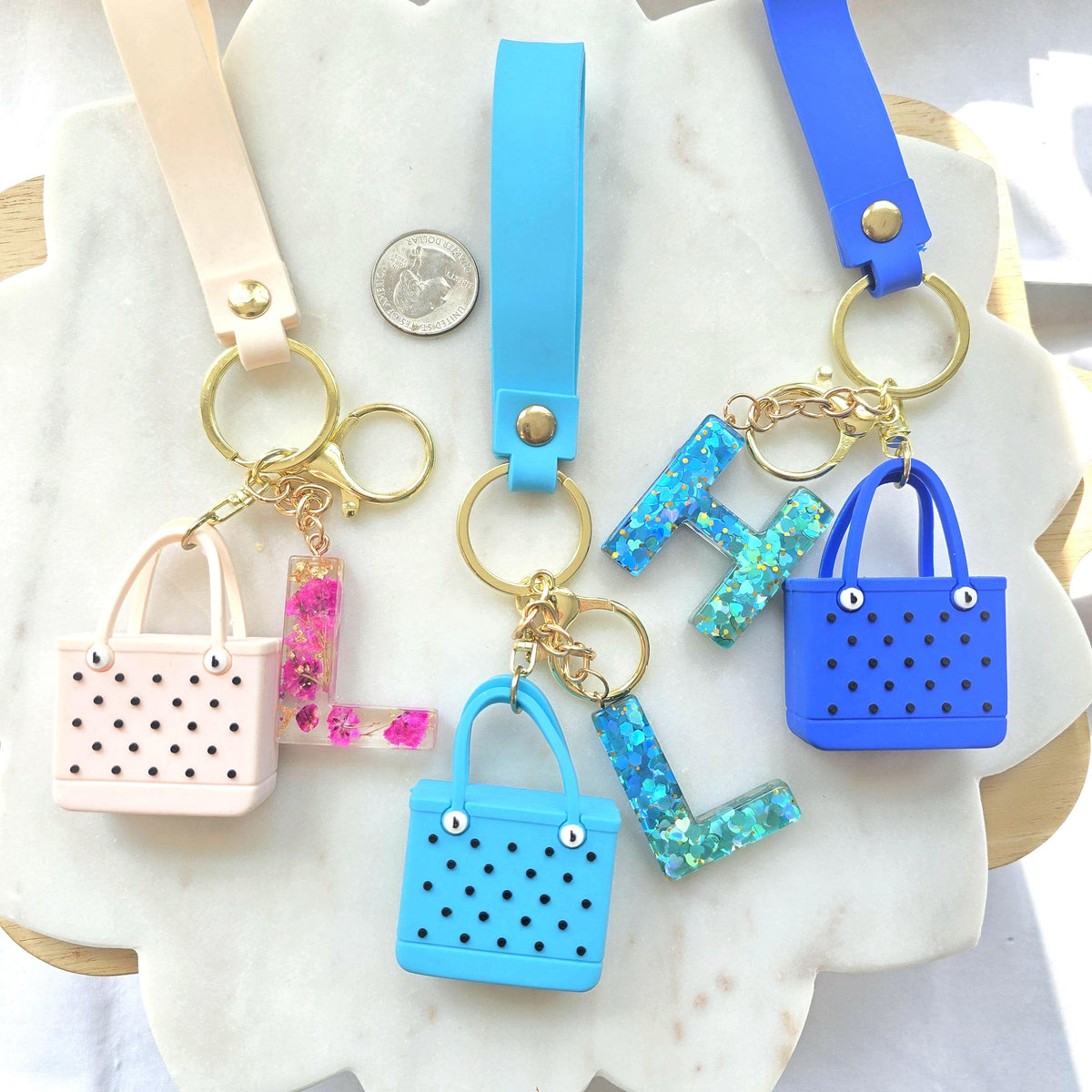 Beach bag keychain with initial product photo from Rey & Luck Co