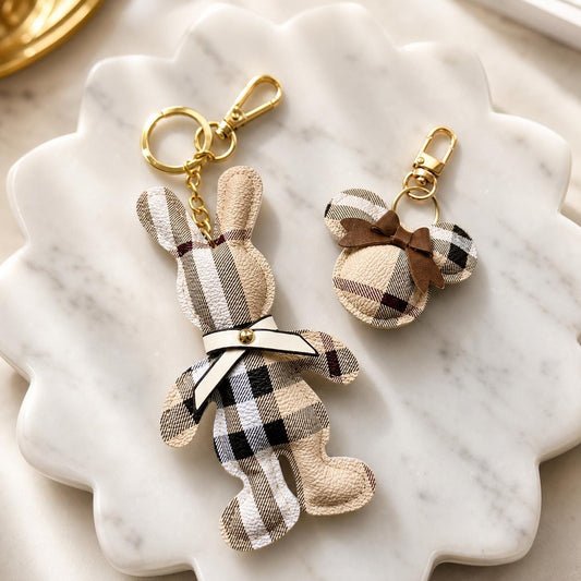 Luxe cream plaid handmade keychains checkered design luxury handbag product photo from Rey & Luck Co