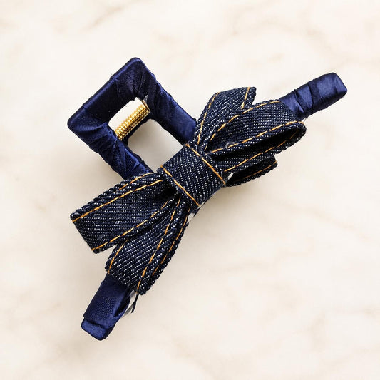 Large Denim Claw Clip, Tortoise Hair Clip, Gold Metal French Hair Claw, Elegant product photo from Rey & Luck Co